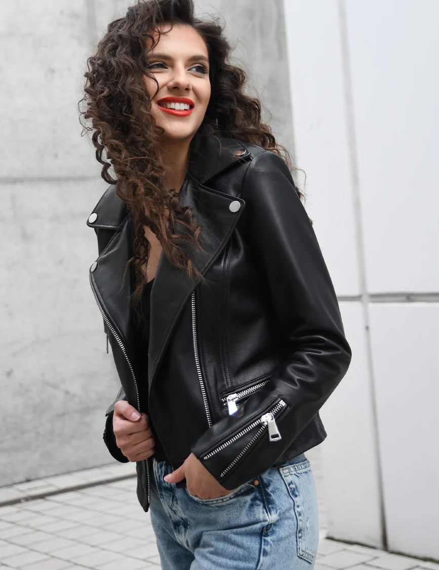 Women Black Leather Biker Jacket -LeatherMoto