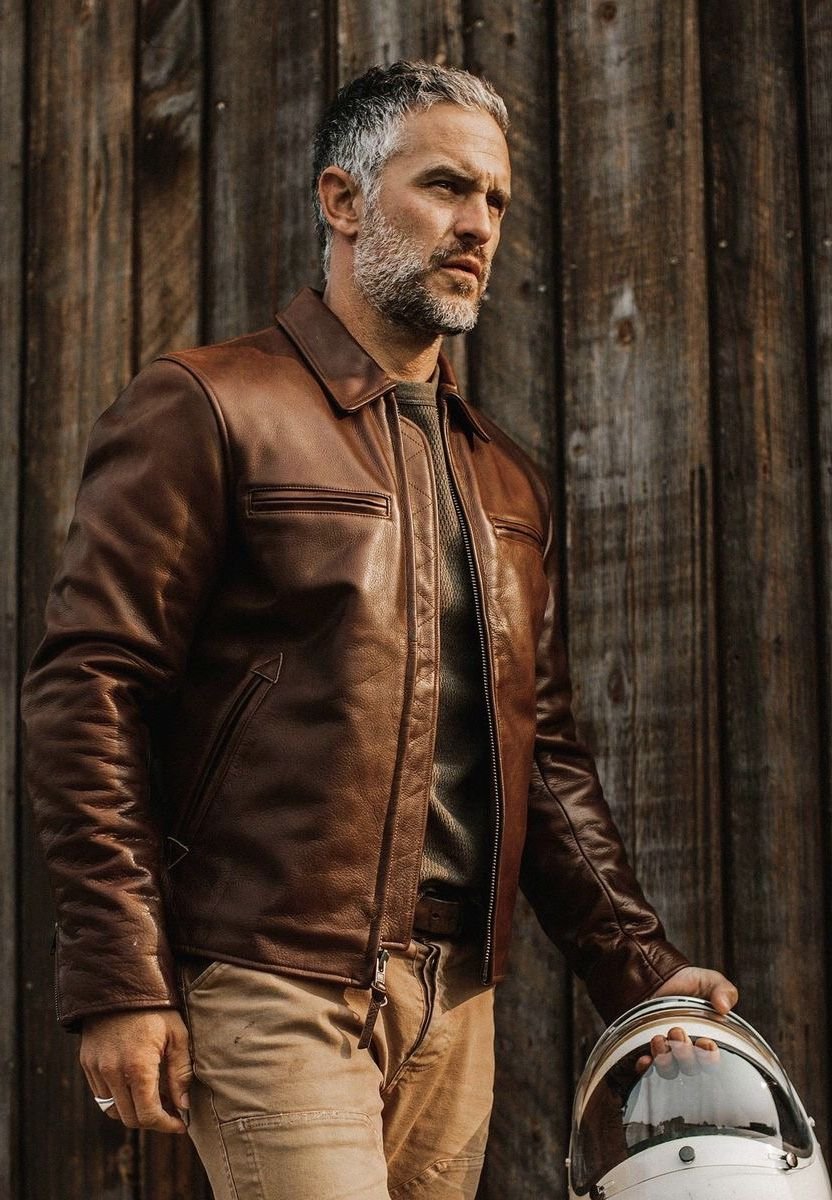 Men Biker Jacket Brown