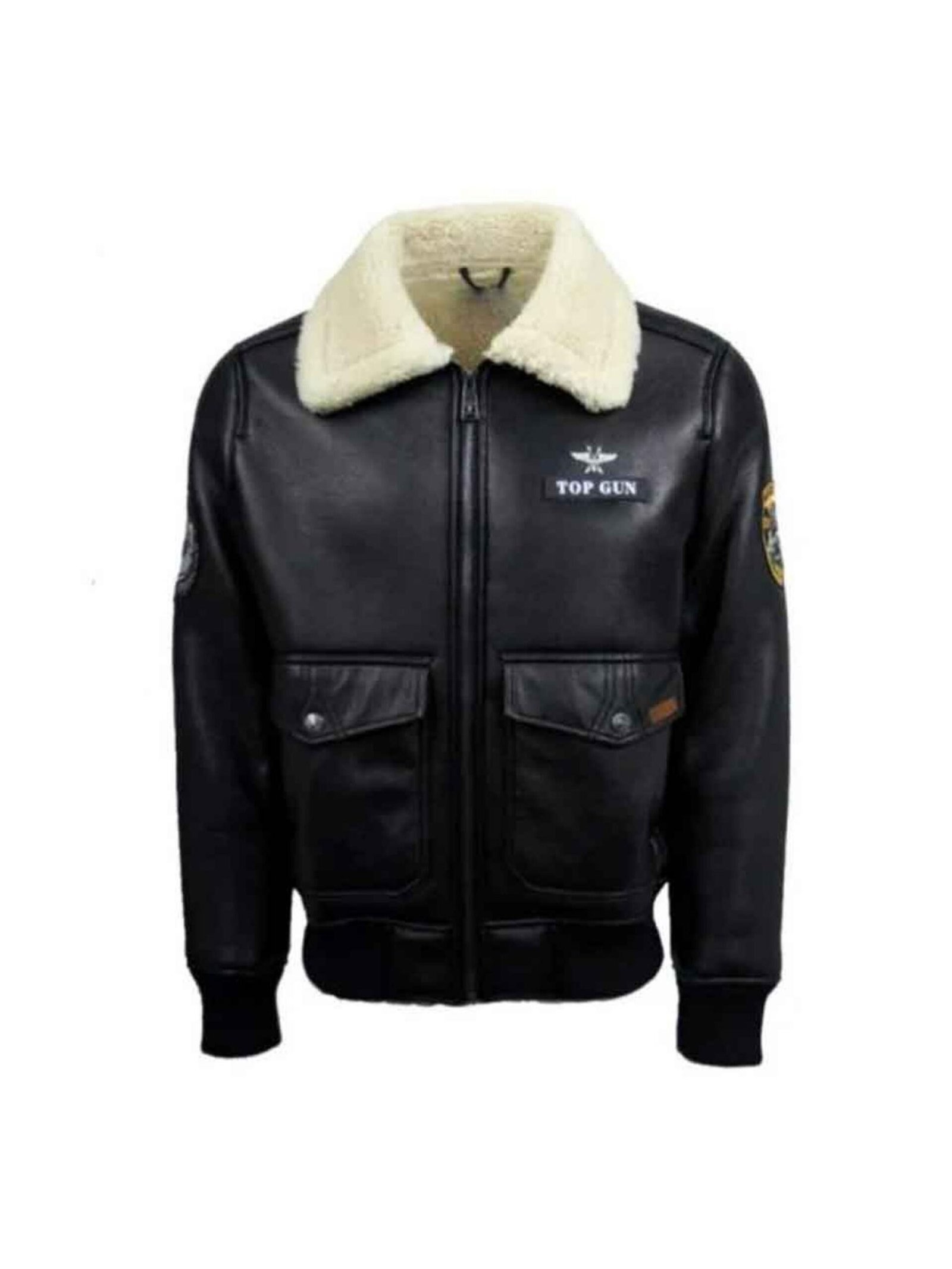 Mens Top Gun Shearling Black Leather Jacket