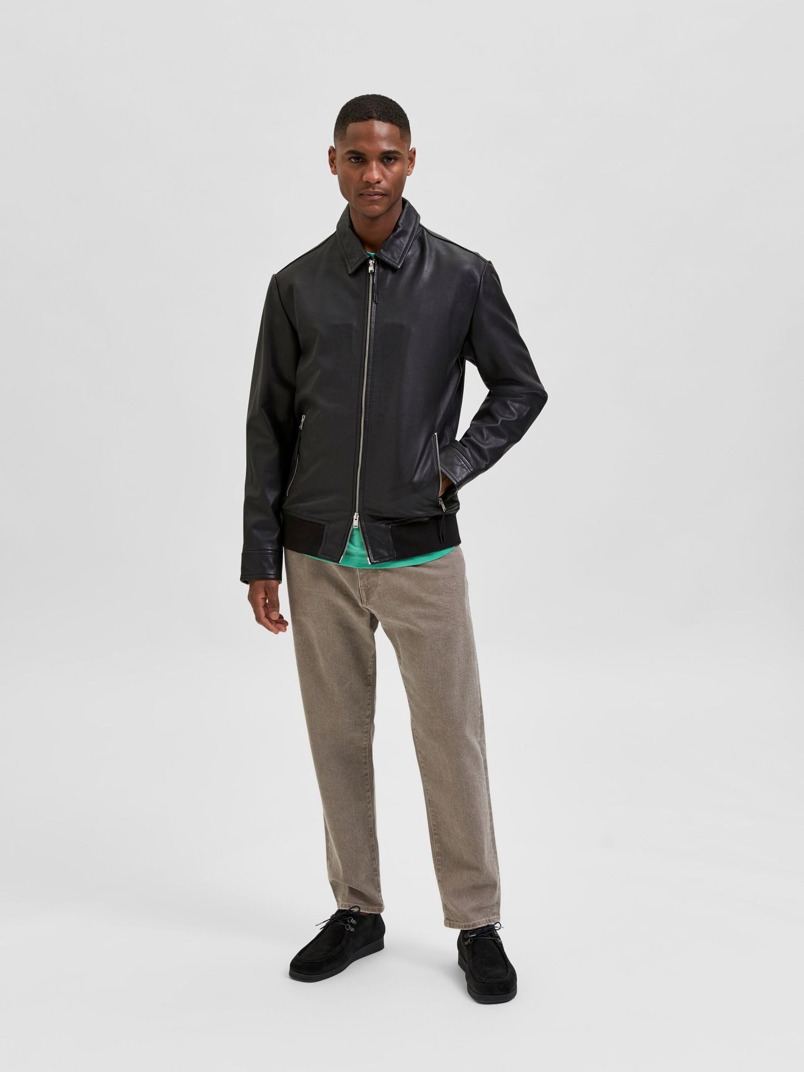 Shirt Collar Leather Racer Jacket - Leather Moto