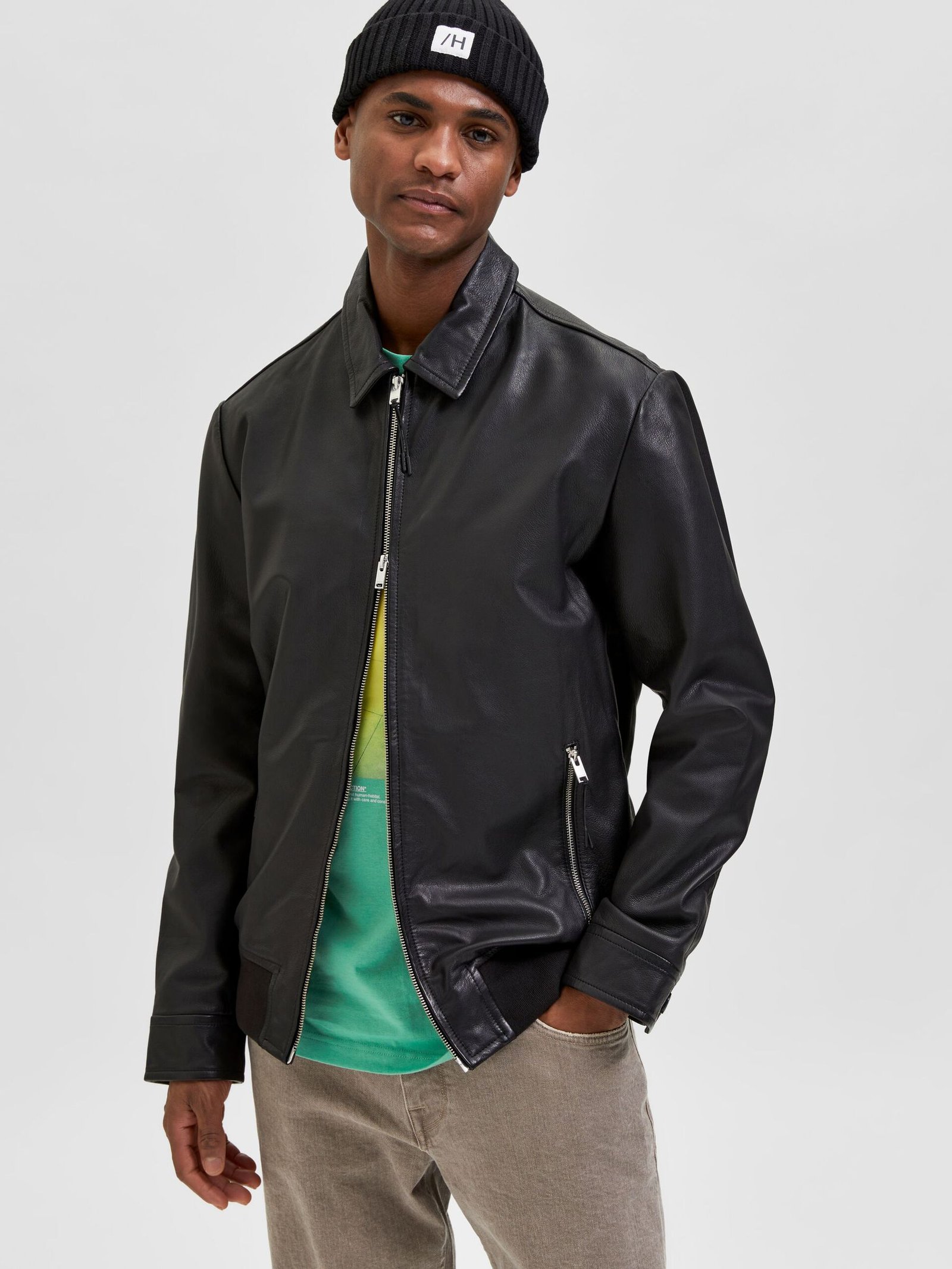 Shirt Collar Leather Racer Jacket - Leather Moto
