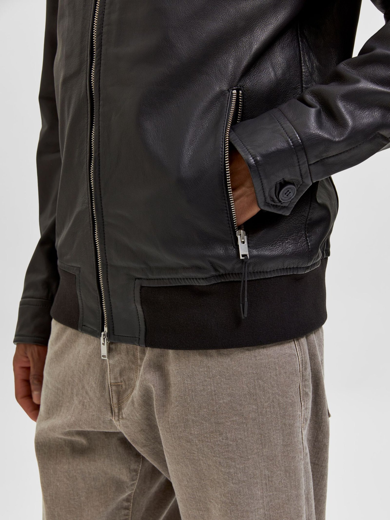 Shirt Collar Leather Racer Jacket - Leather Moto