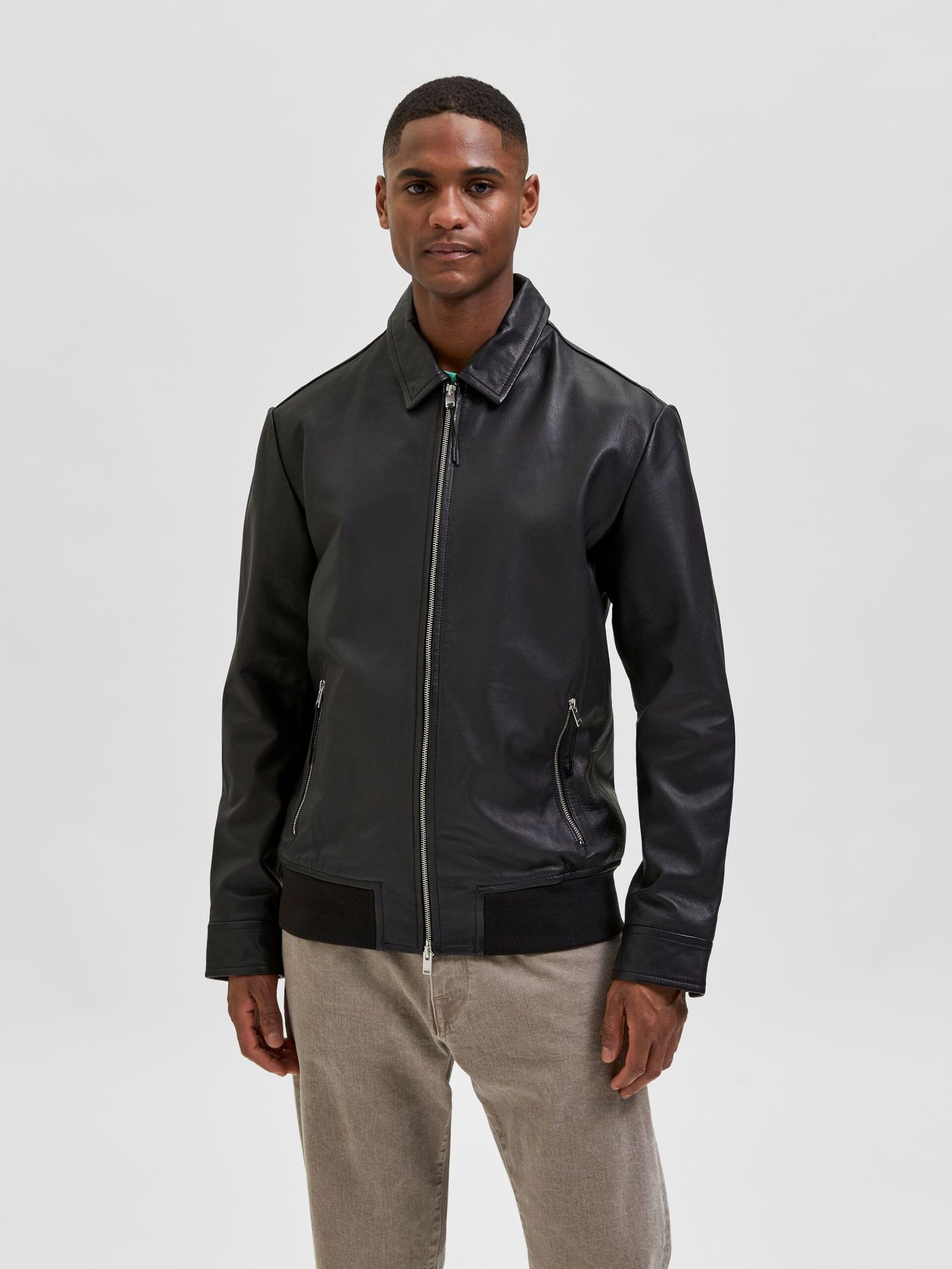Shirt Collar Leather Racer Jacket - Leather Moto