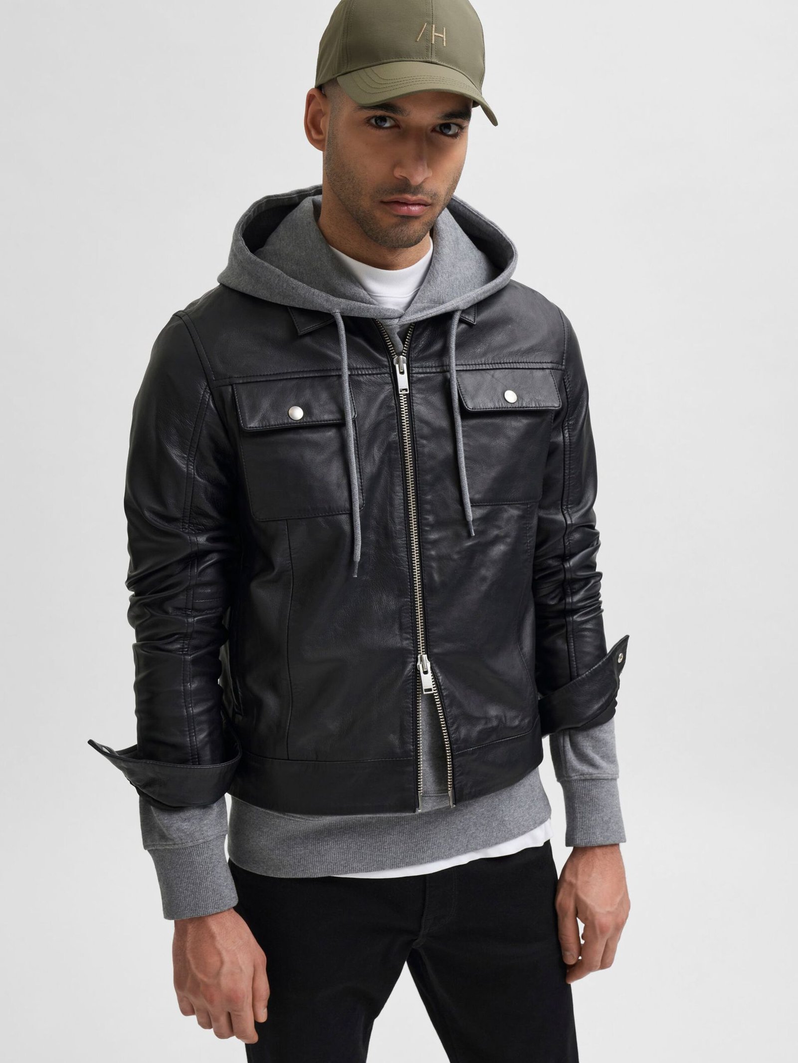 biker men black leather jacket