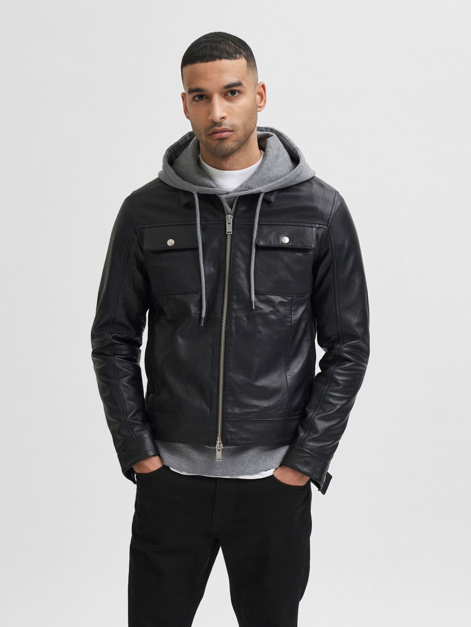 biker men black leather jacket