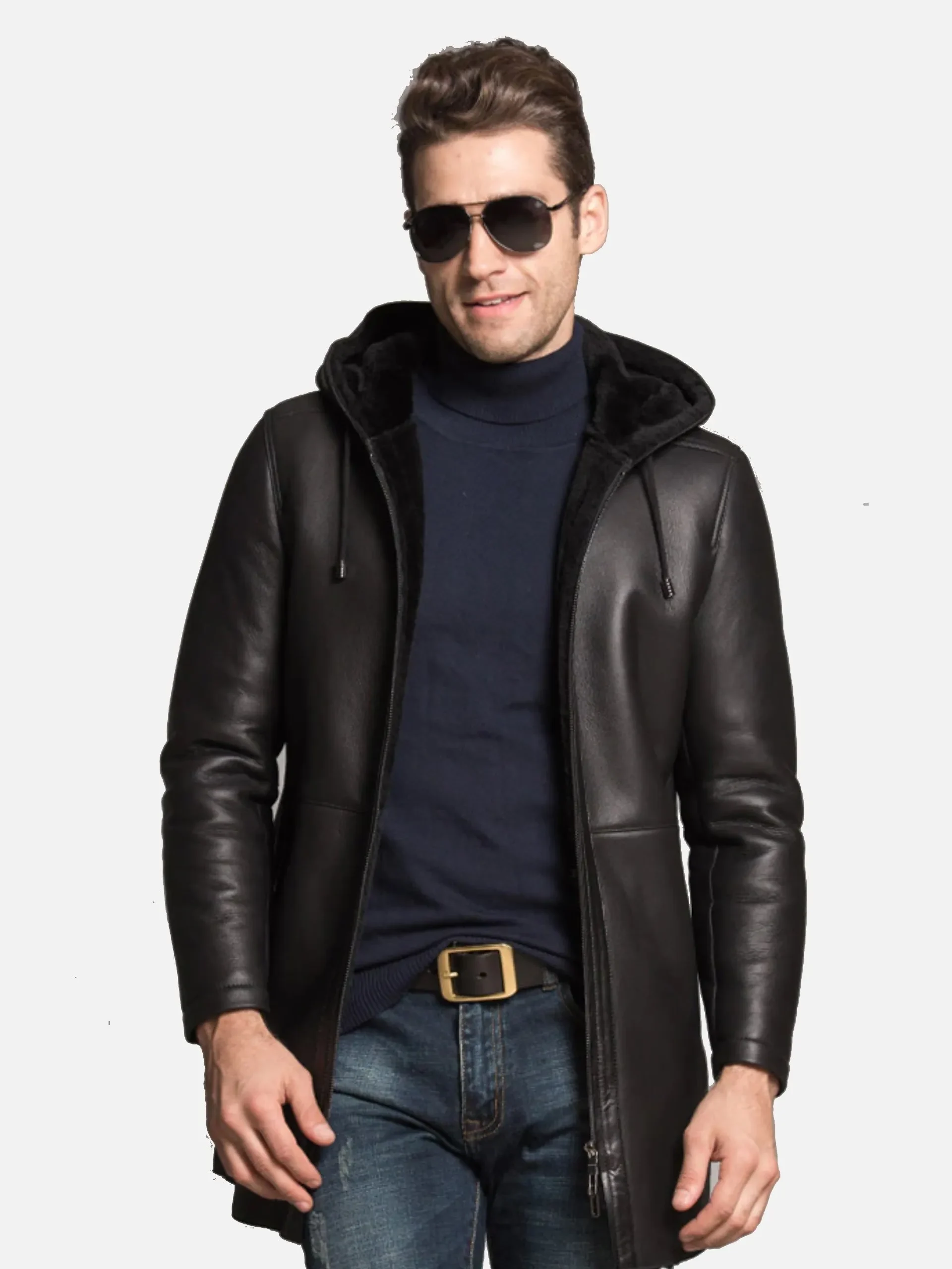 Mens Hooded Black Shearling Long Coat