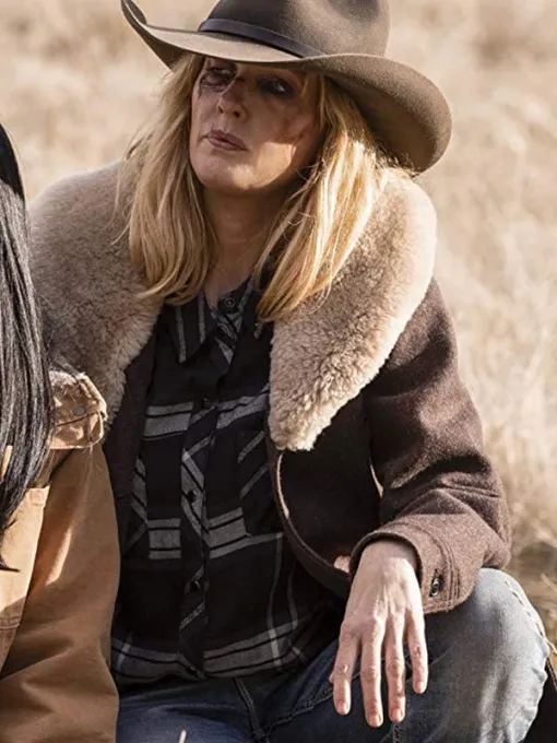 Yellowstone-beth-dutton-Brown-Wool-Coat-Leather-moto