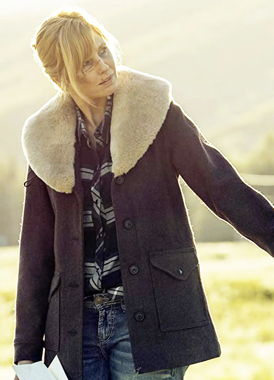 Yellowstone-beth-dutton-Brown-Wool-Coat-Leather-moto