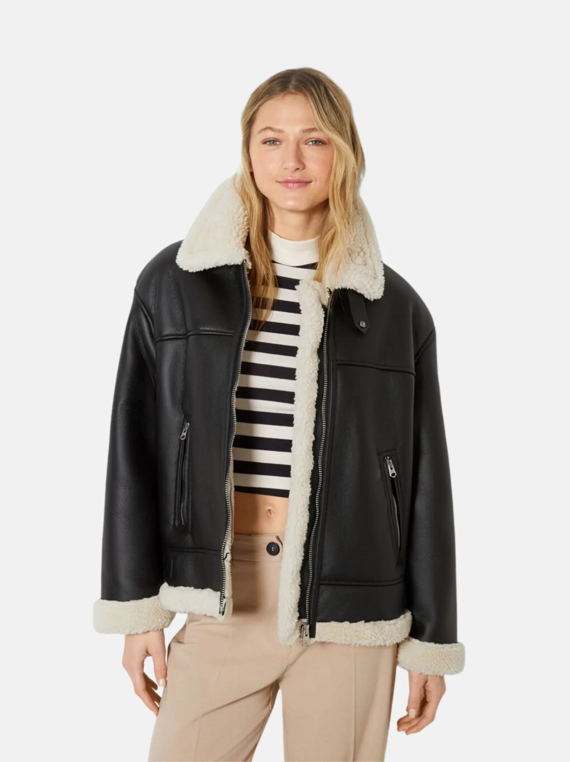 Women Shearling Bomber Flight Aviator Sheepskin Leather Jacket