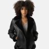 A classic aviator black shearling Leather jacket for women