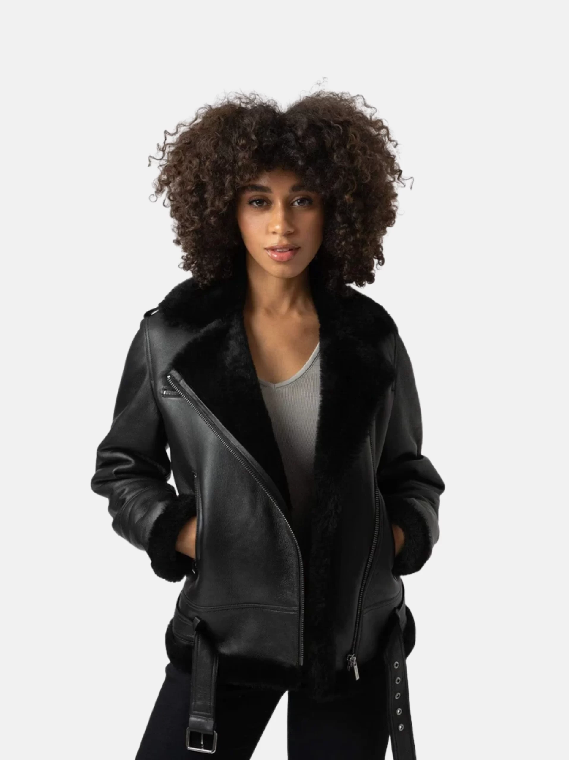 A classic aviator black shearling Leather jacket for women
