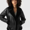 A classic aviator black shearling Leather jacket for women