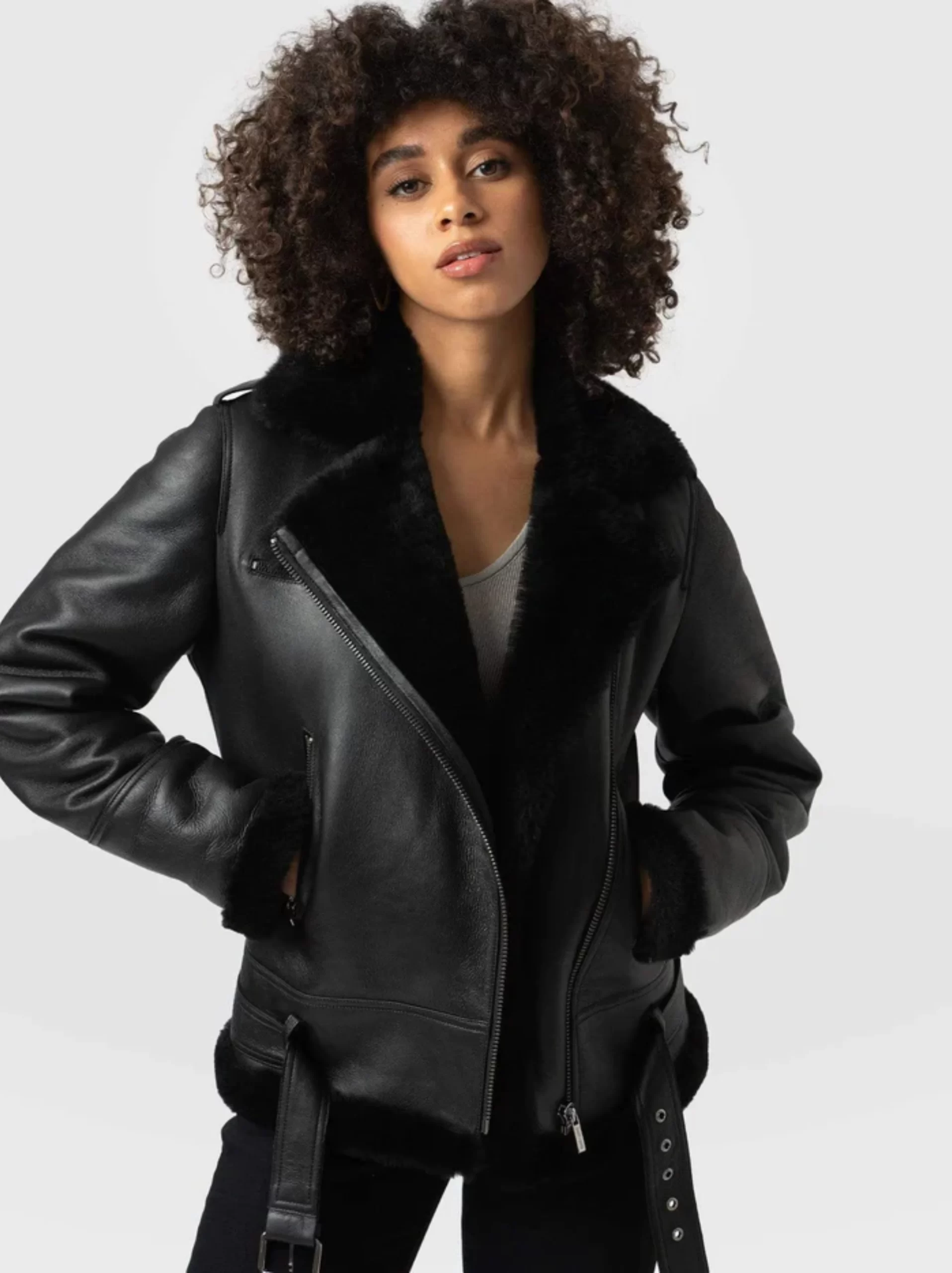 A classic aviator black shearling Leather jacket for women