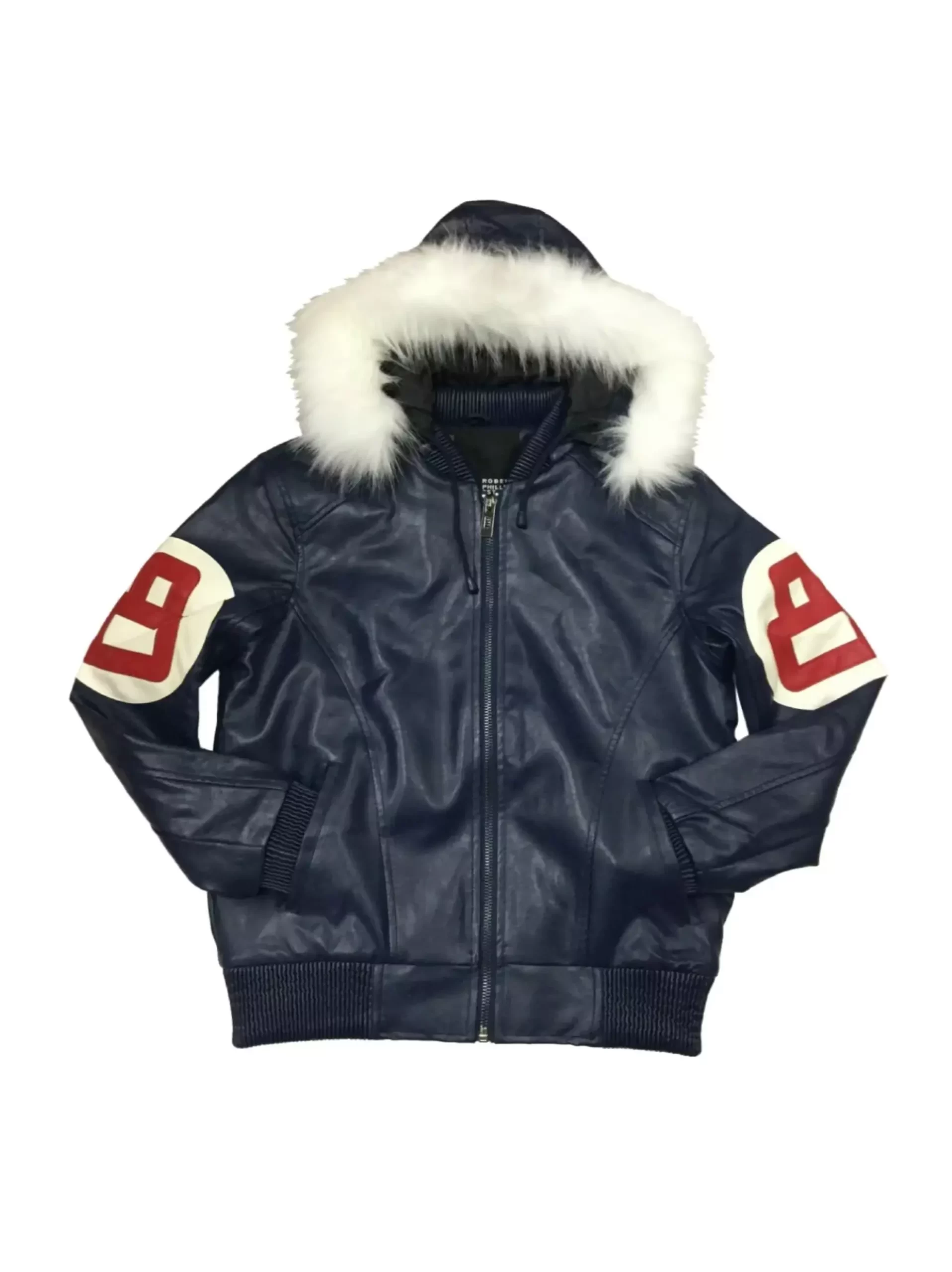 8 Ball Navy Leather Hooded Jacket