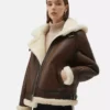 Brown Leather White Shearling Collar Fur Women’s Jacket - Leather Moto