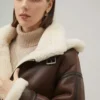 Brown Leather White Shearling Collar Fur Women’s Jacket - Leather Moto
