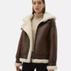 Brown Leather White Shearling Collar Fur Women’s Jacket - Leather Moto