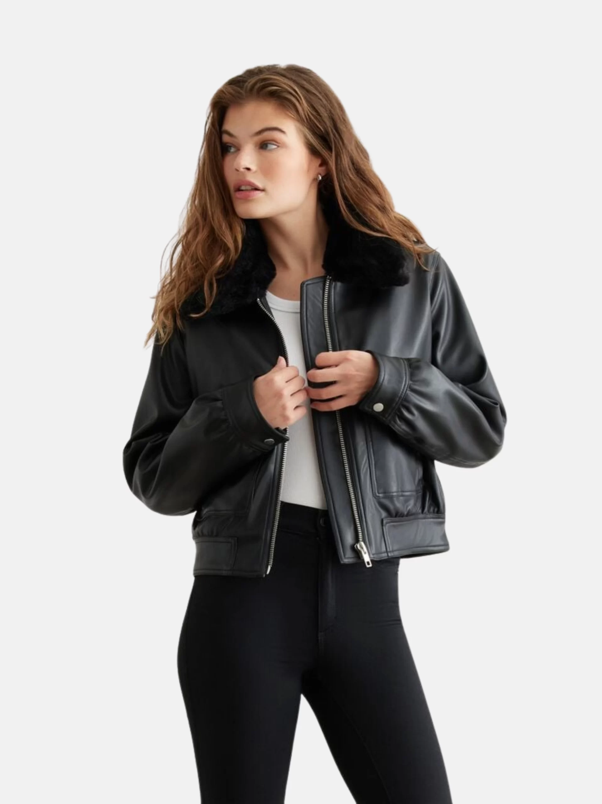 Faux Shearling Leather Bomber Jacket Women 4
