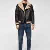 leather shearling bomber brown jacket for men