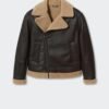 leather shearling bomber brown jacket for men