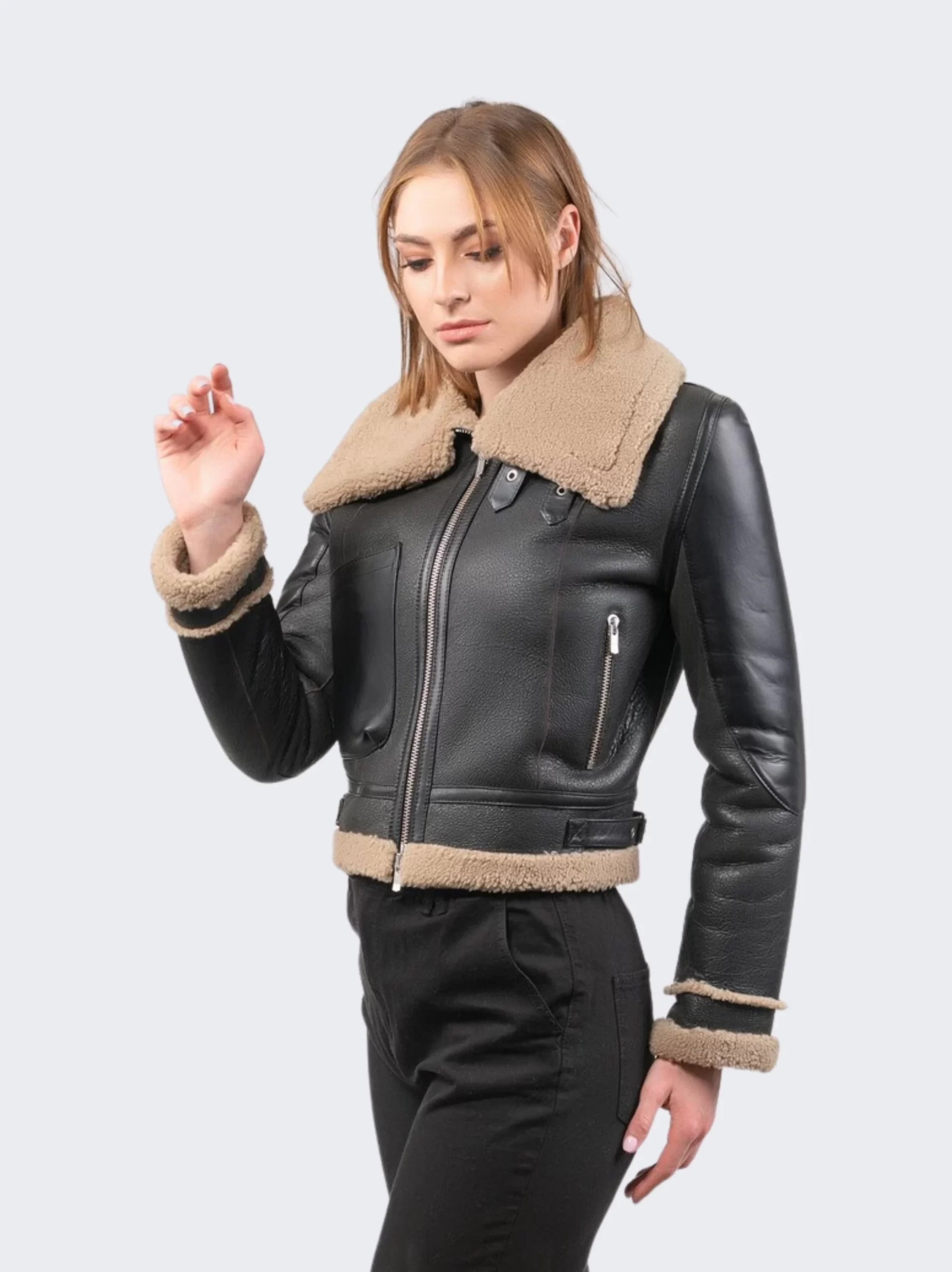 Sonia Moto Style Black Shearling Leather Jacket - Leather Moto