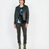 Women's GREEN CROPPED Biker Leather Jacket - Image 2