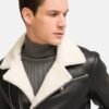 Moto Style Leather Shearling Men black Jacket