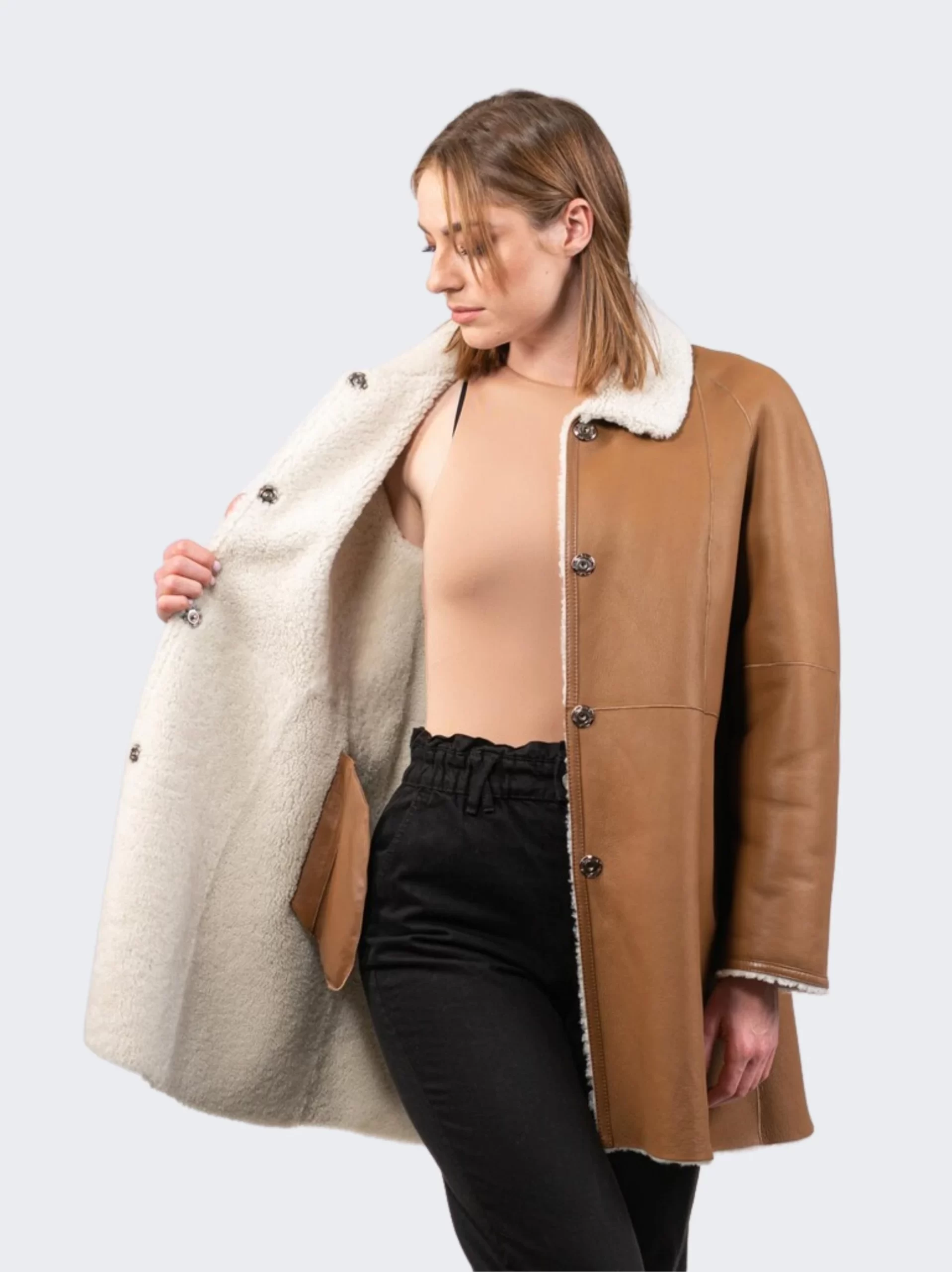 Long Woolen Shearling Leather Coat By LeatherMoto