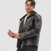 Men's Moto Style Shearling Collar Black Leather Jacket