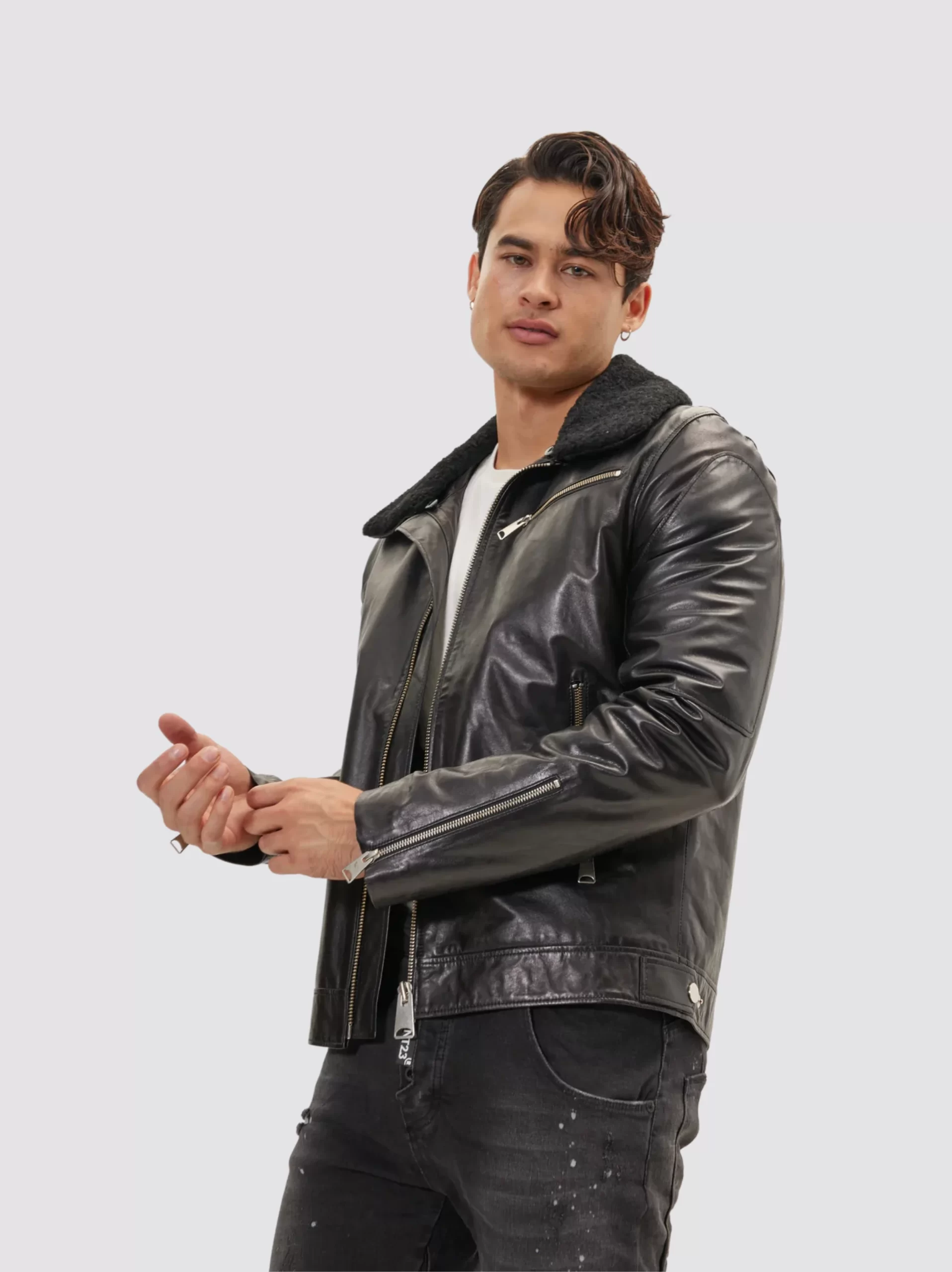 Men's Moto Style Shearling Collar Black Leather Jacket