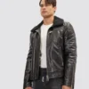Men's Moto Style Shearling Collar Black Leather Jacket