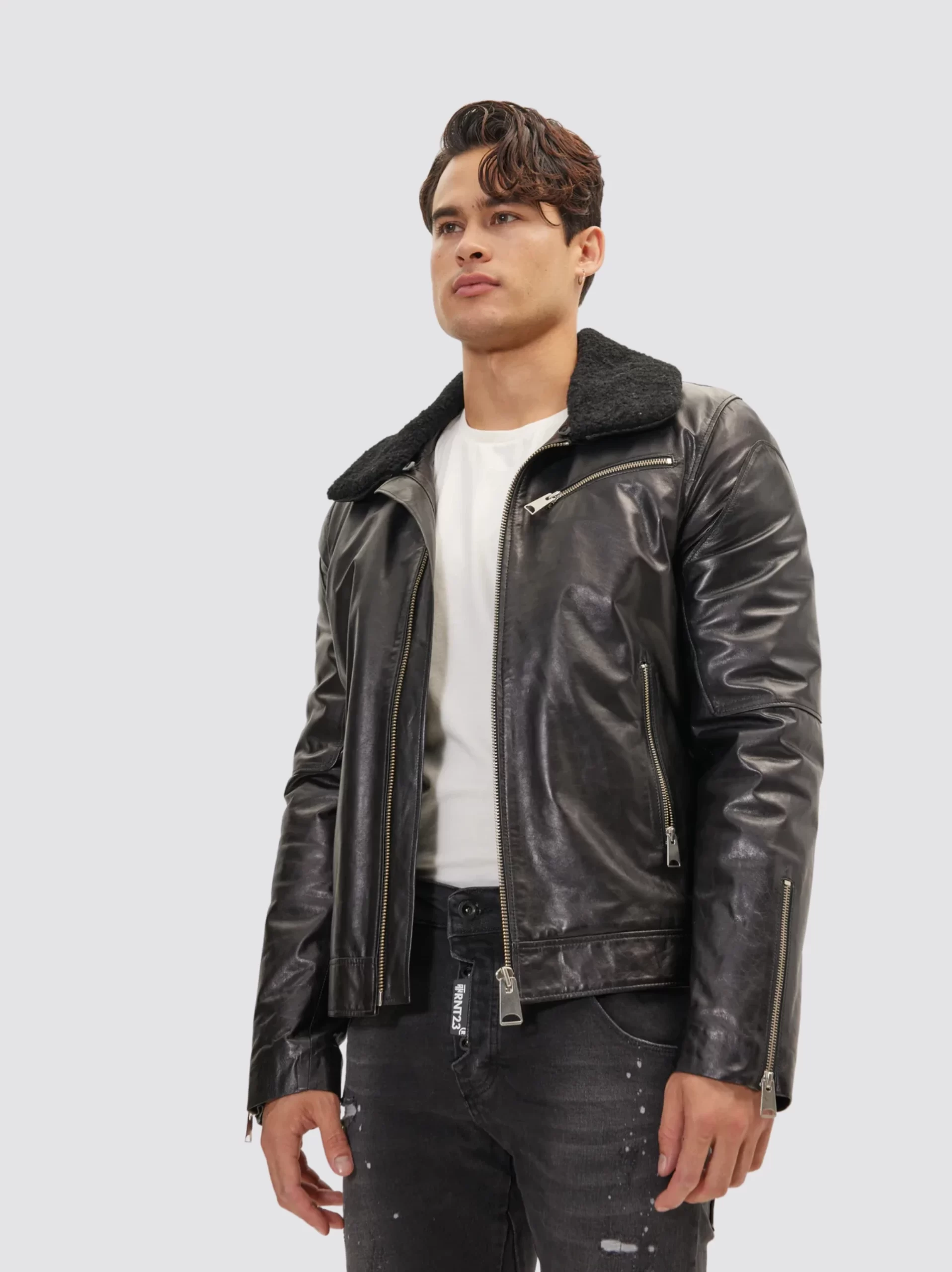 Men's Moto Style Shearling Collar Black Leather Jacket