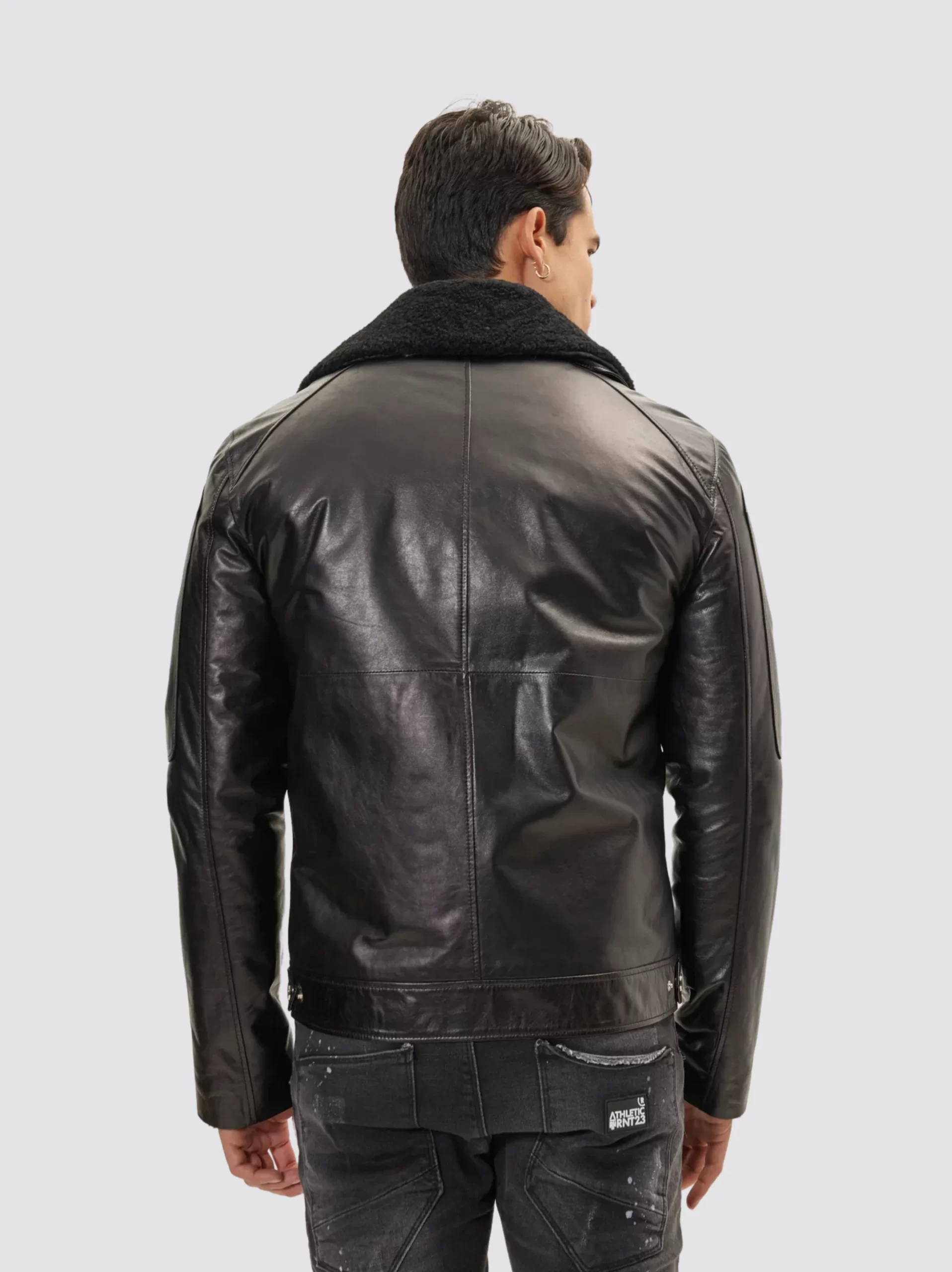 Men's Moto Style Shearling Collar Black Leather Jacket