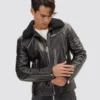 Men's Moto Style Shearling Collar Black Leather Jacket