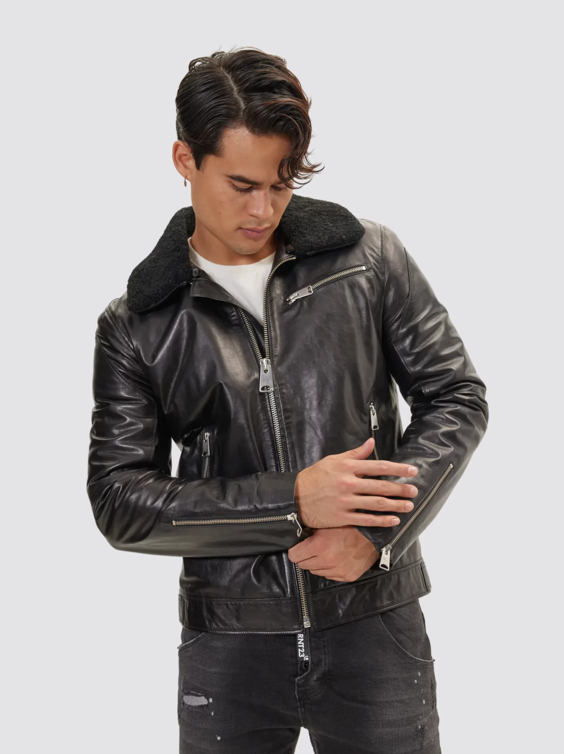 Men's Moto Style Shearling Collar Black Leather Jacket