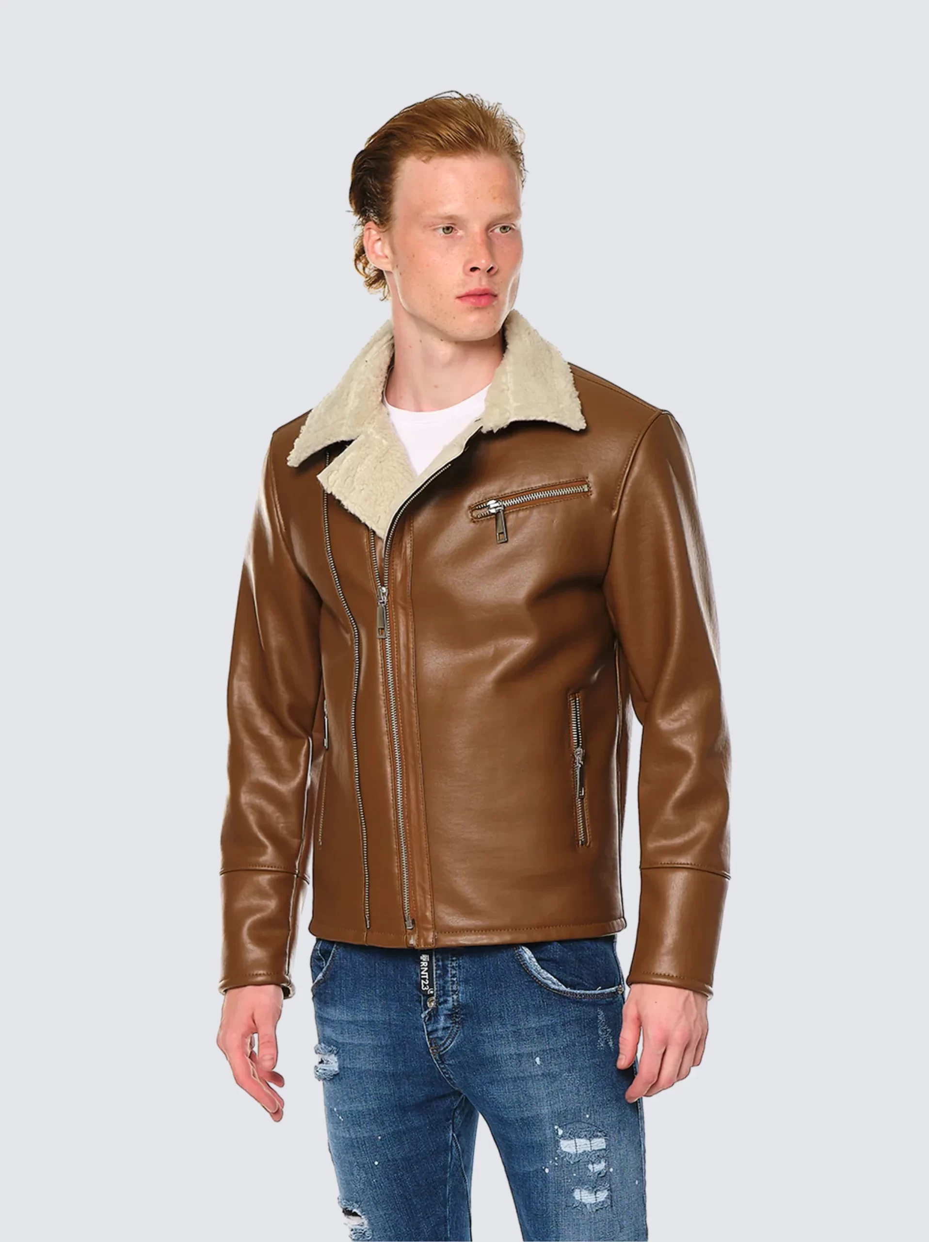 New Biker Russet Color Shearling Leather Jacket - leatherMoto
