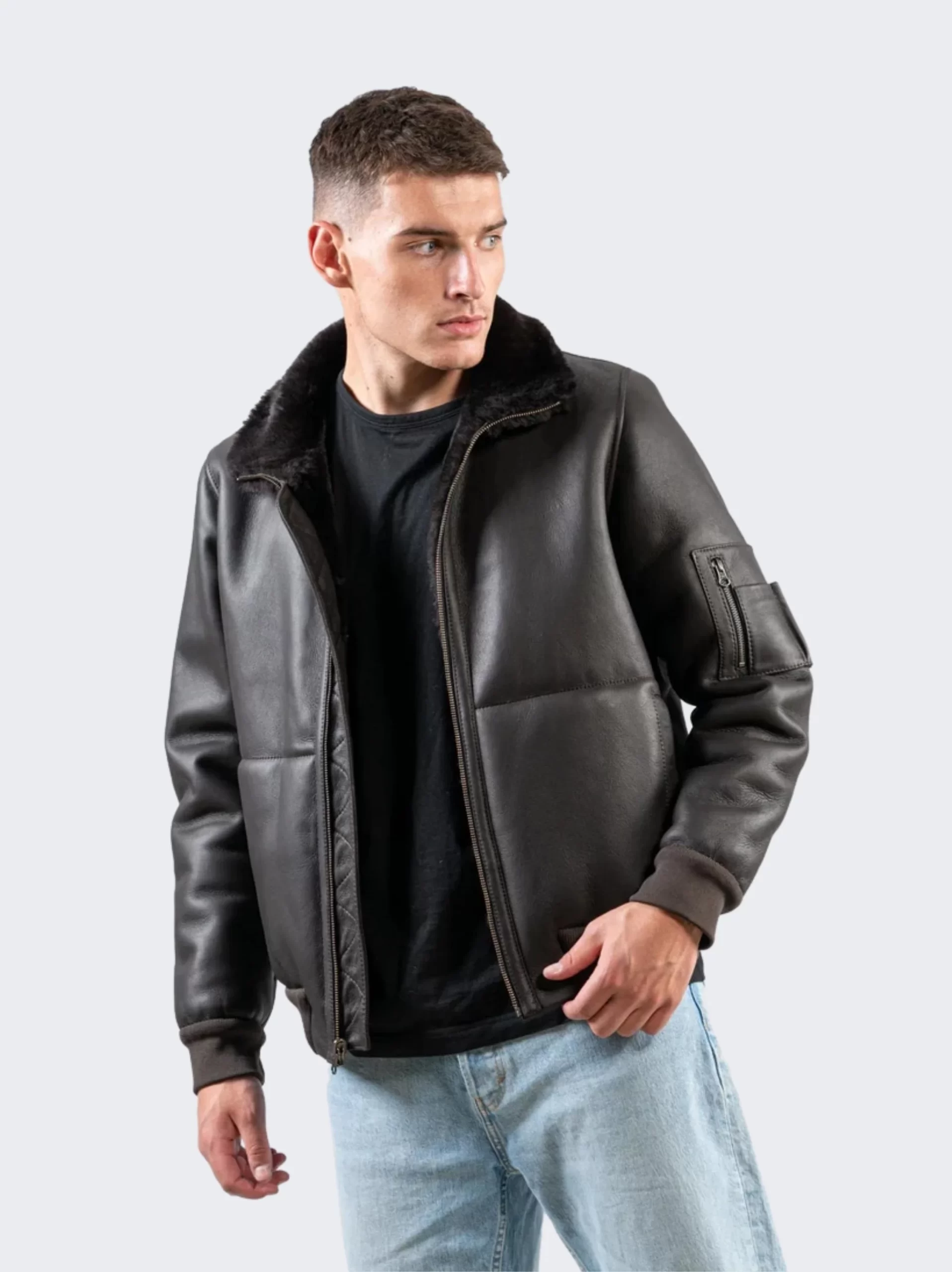 Shearling Leather Black Bomber Jacket - Leathermoto