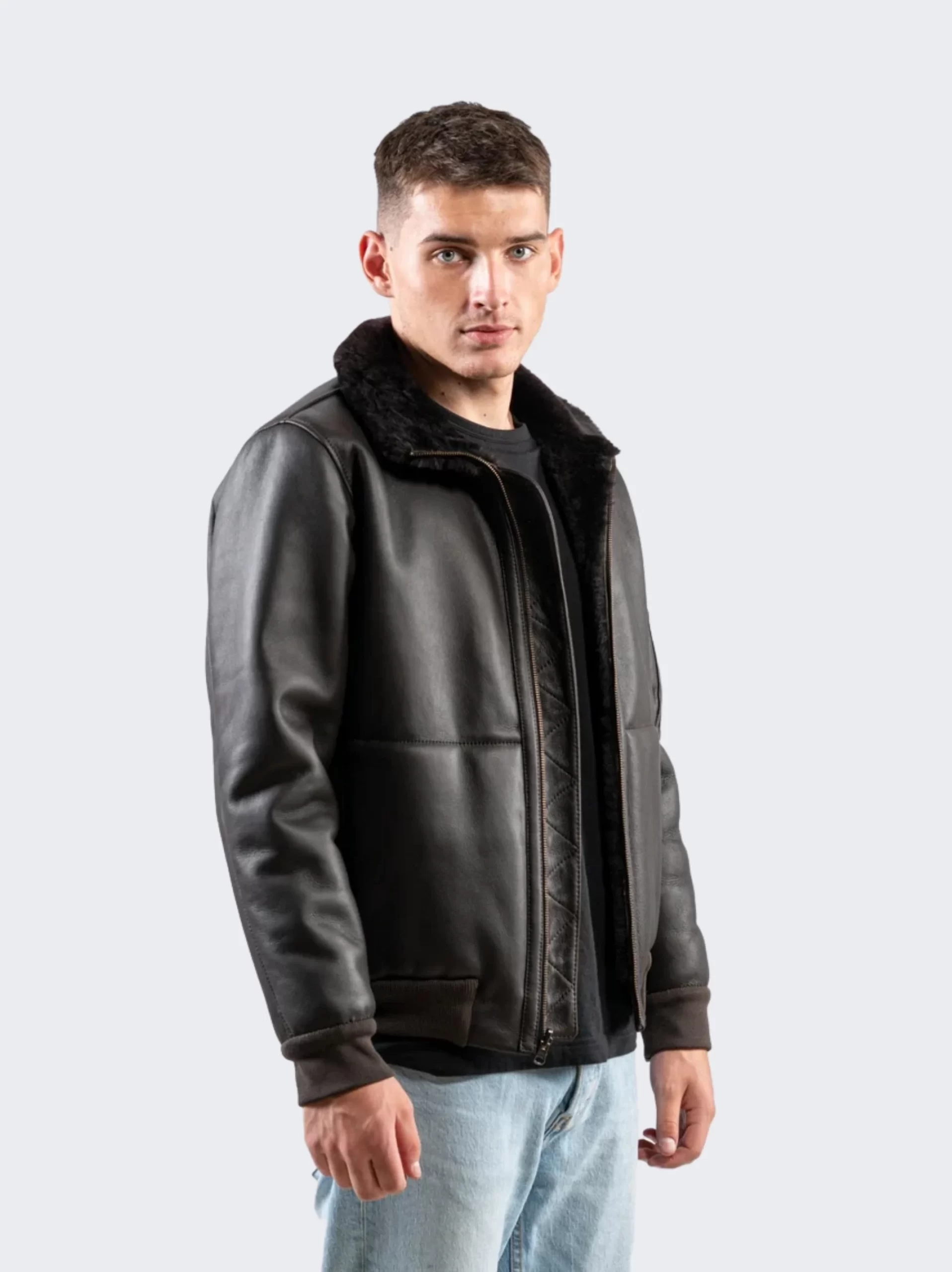 Shearling Leather Black Bomber Jacket - Leathermoto