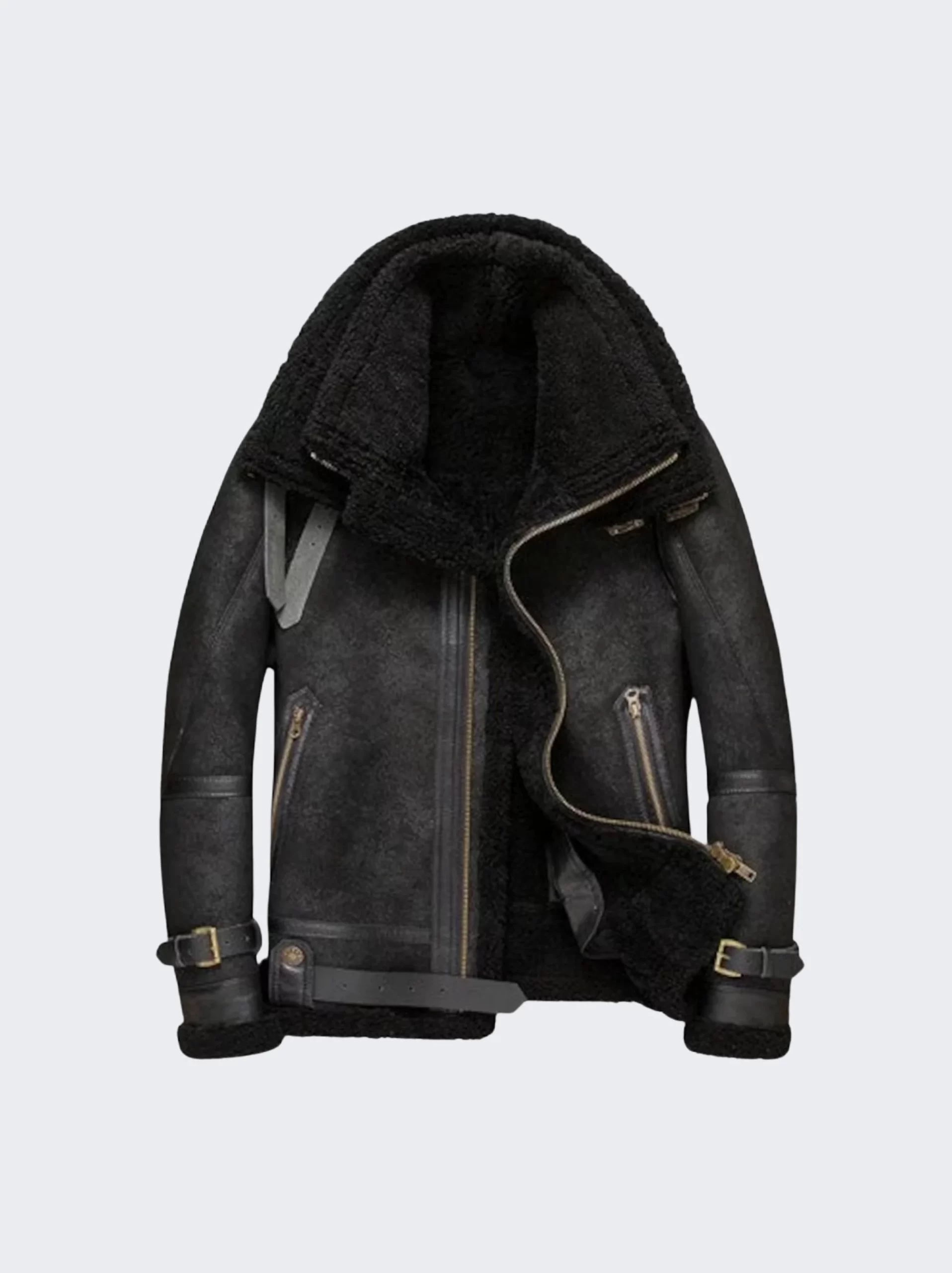b3 bomber Black shearling leather jacket for Men - leathermoto.com