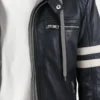 Blue Strip Roaded Hood Beige Leather Biker Jacket - Image 6