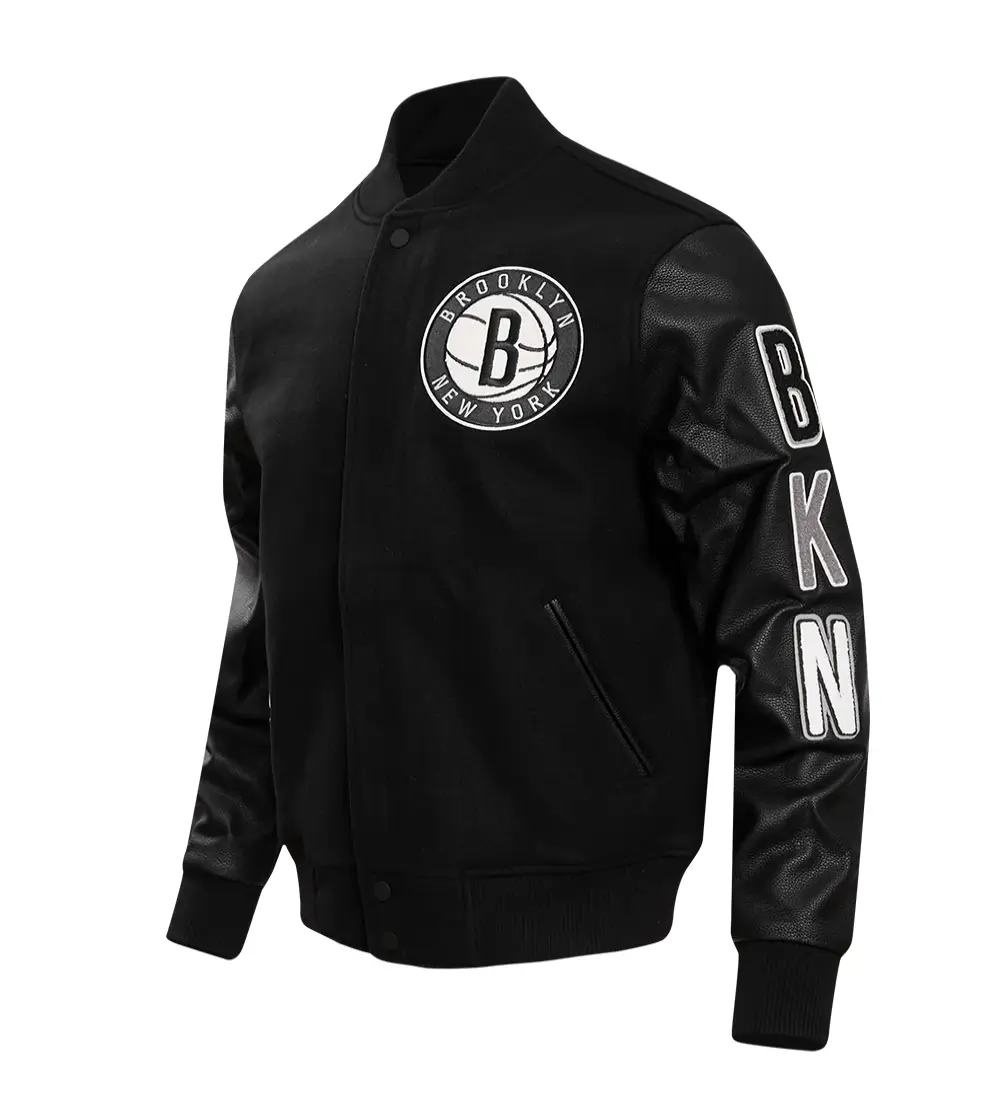 Alternative view of Brooklyn Nets Retro Classic Knitted Rib Full Black Wool & Leather Varsity Jacket