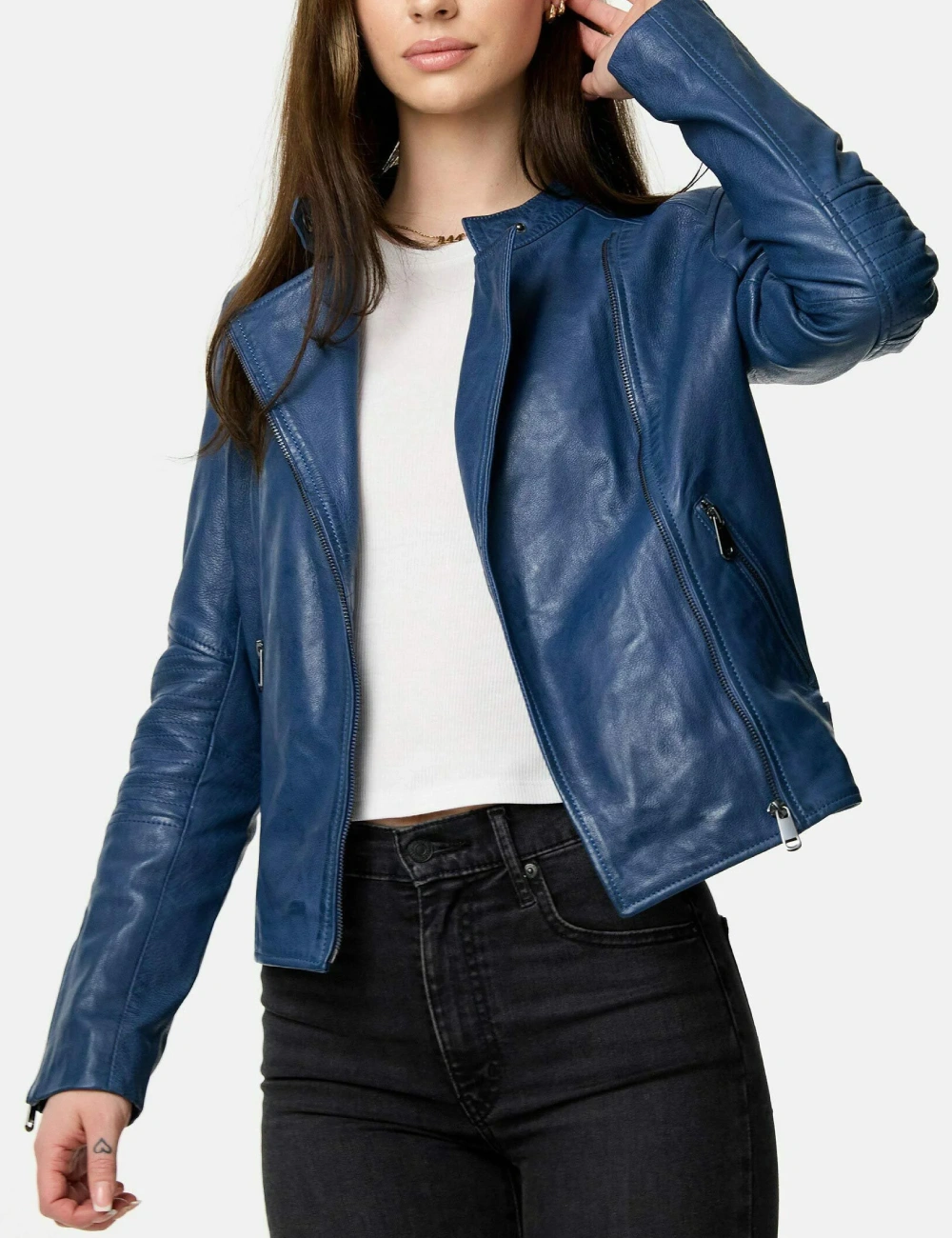 Alison Stylish Blue Women Leather Biker Jacket (2)