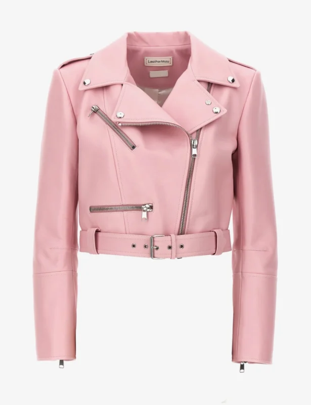 Baby Pink Luxe Cropped Leather Biker Jacket – Edgy Designer Elegance (1)