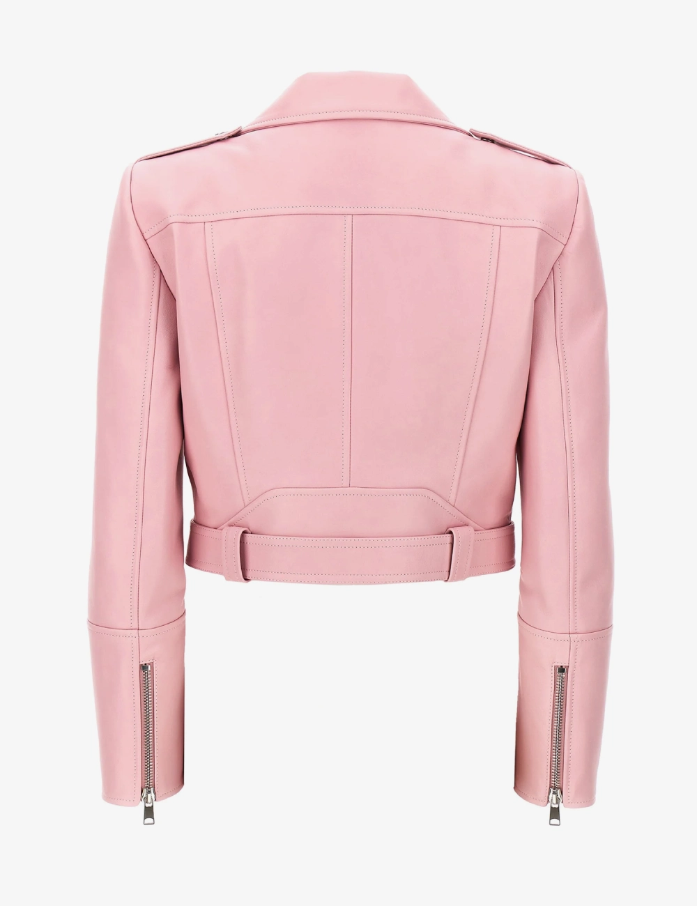 Baby Pink Luxe Cropped Leather Biker Jacket – Edgy Designer Elegance (3)