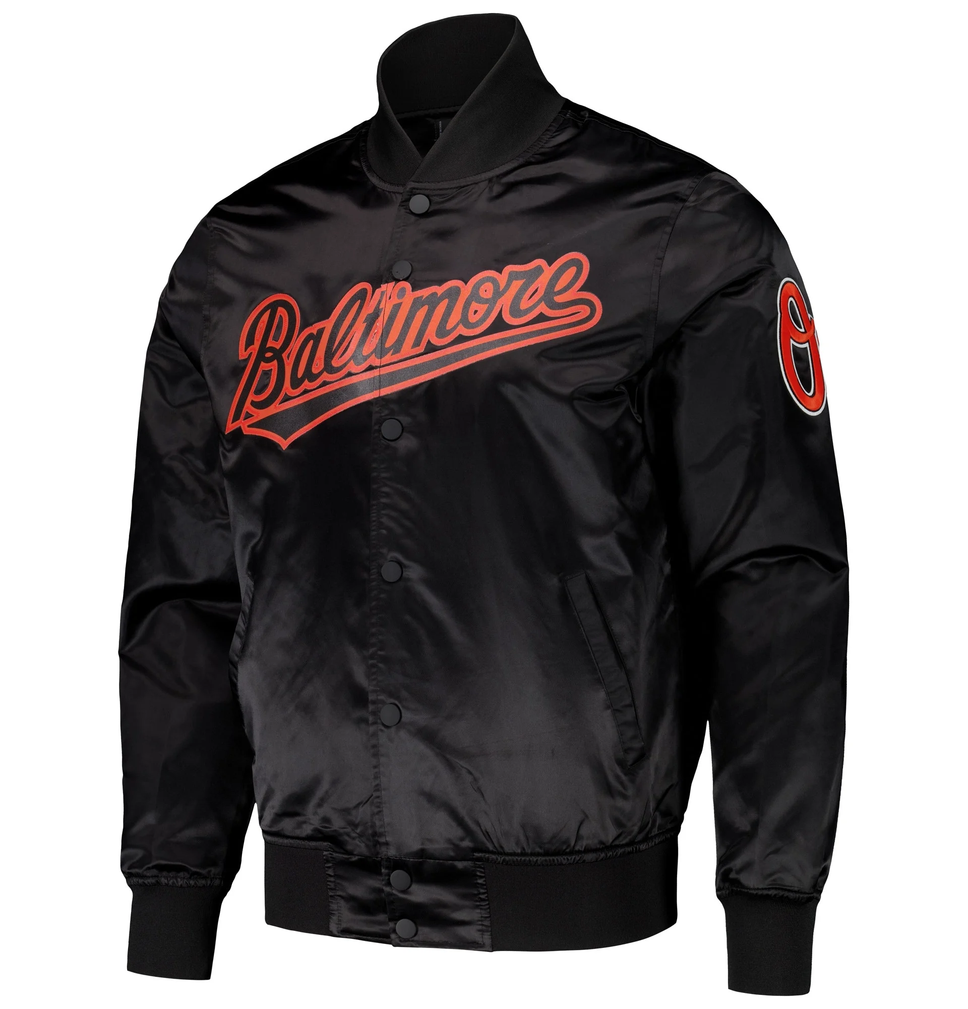 Baltimore-Orioles-Pro-Standard-Black-Wordmark-Full-Snap-Satin-Varsity-Jacket-leather moto 1