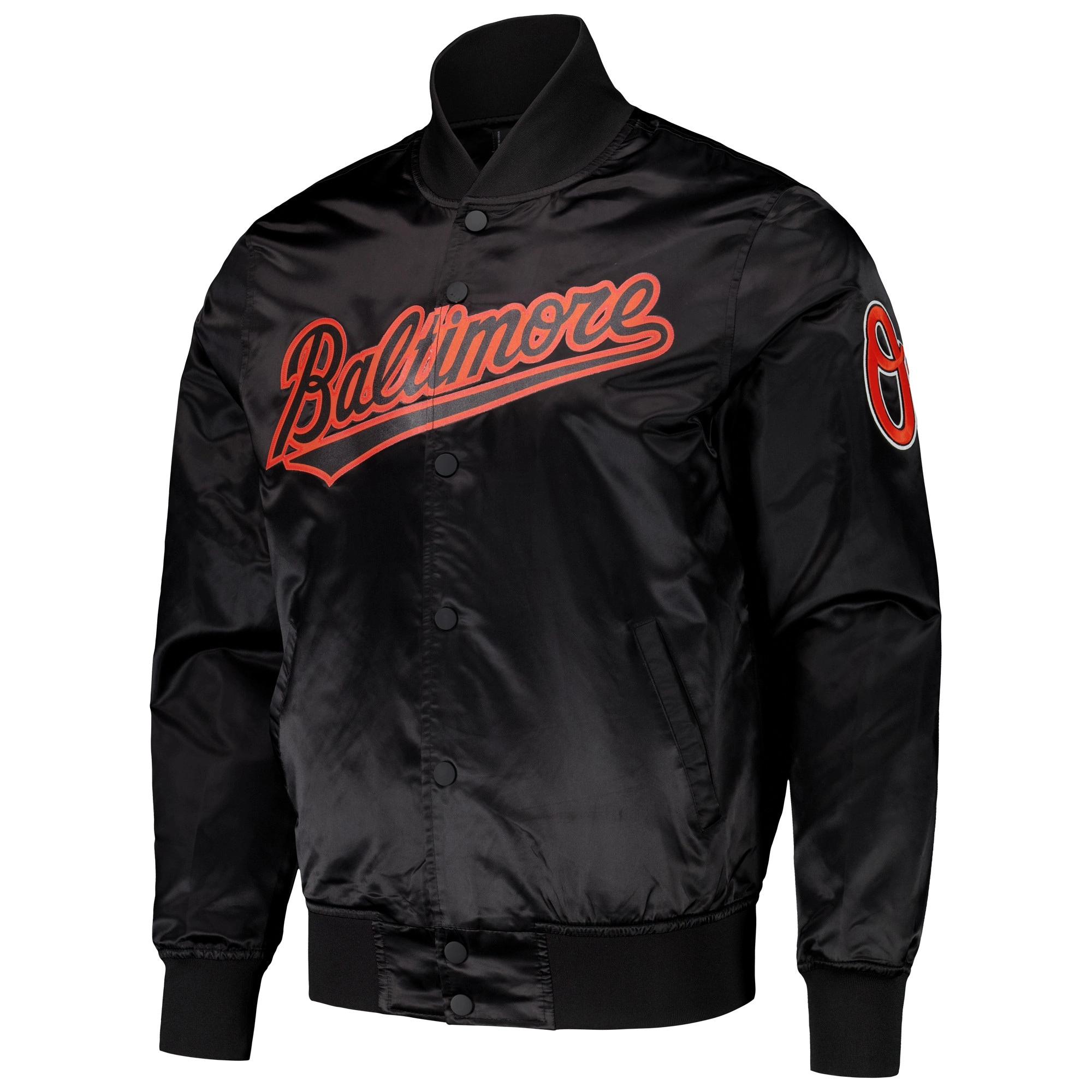 Baltimore-Orioles-Pro-Standard-Black-Wordmark-Full-Snap-Satin-Varsity-Jacket-leather moto 1