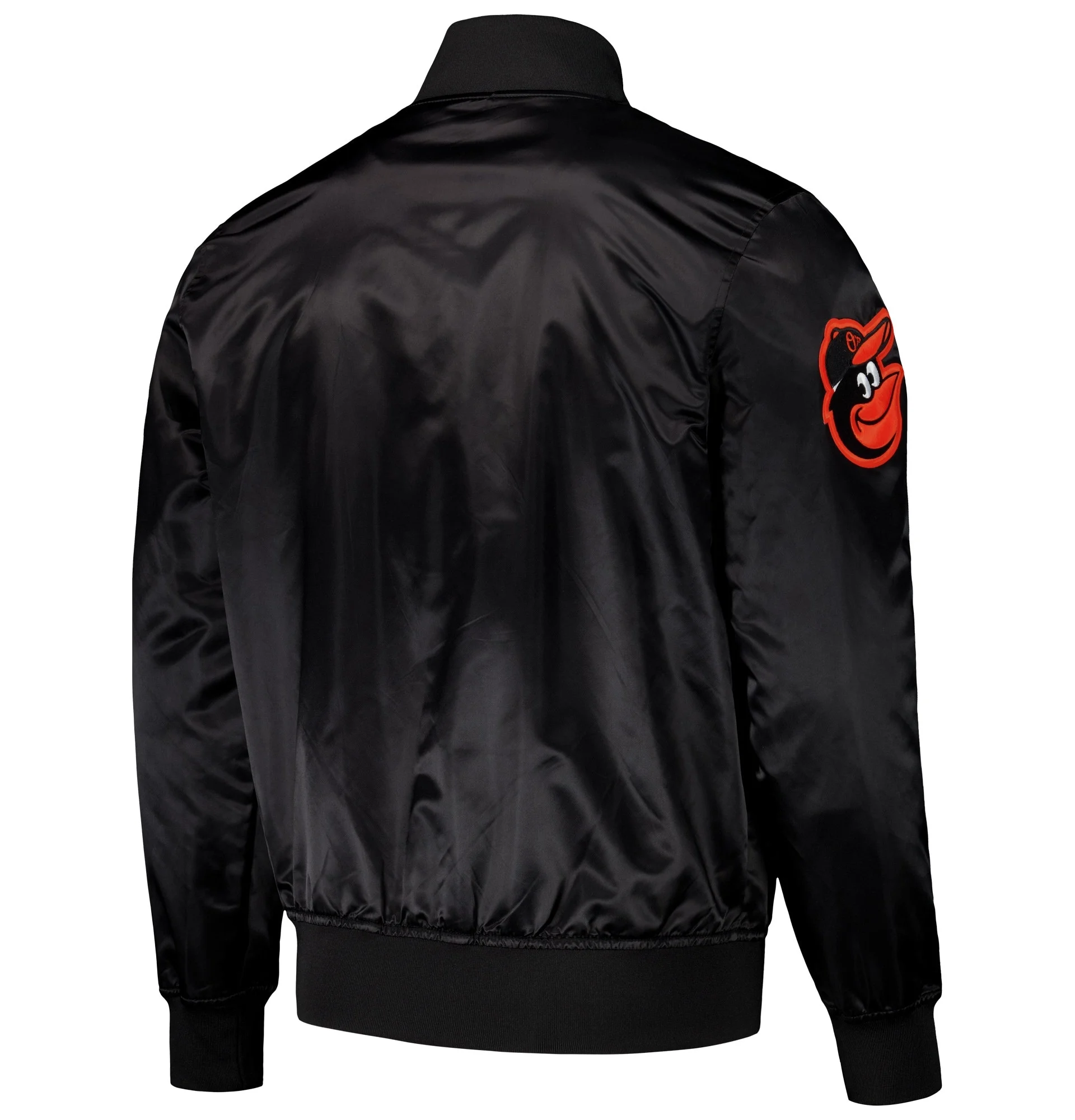 Baltimore-Orioles-Pro-Standard-Black-Wordmark-Full-Snap-Satin-Varsity-Jacket-leather moto 2
