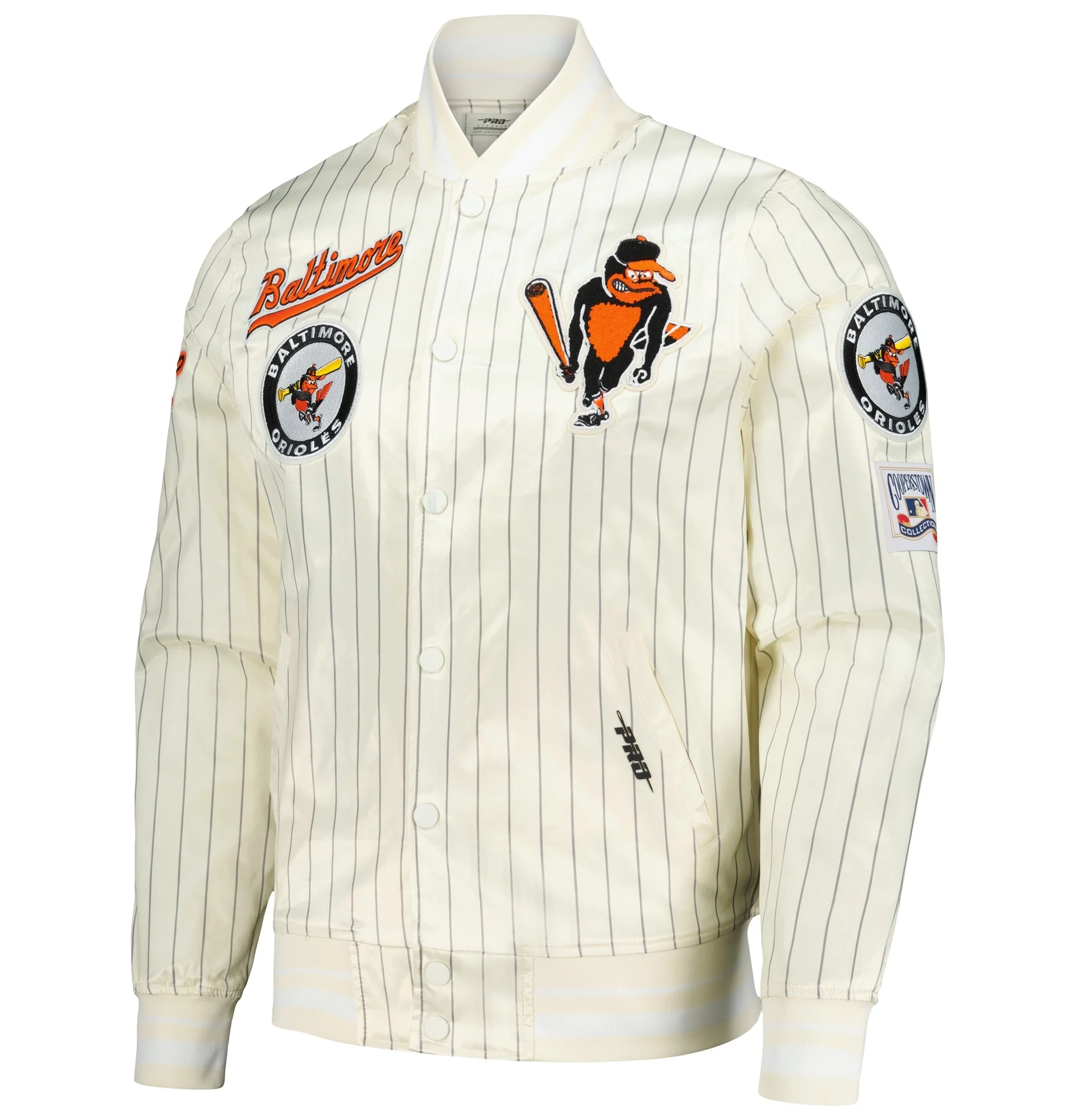 Baltimore-Orioles-Pro-Standard-Cream-Cooperstown-Pinstripe-Full-Snap-Satin-Varsity-Jacket-leather moto 1