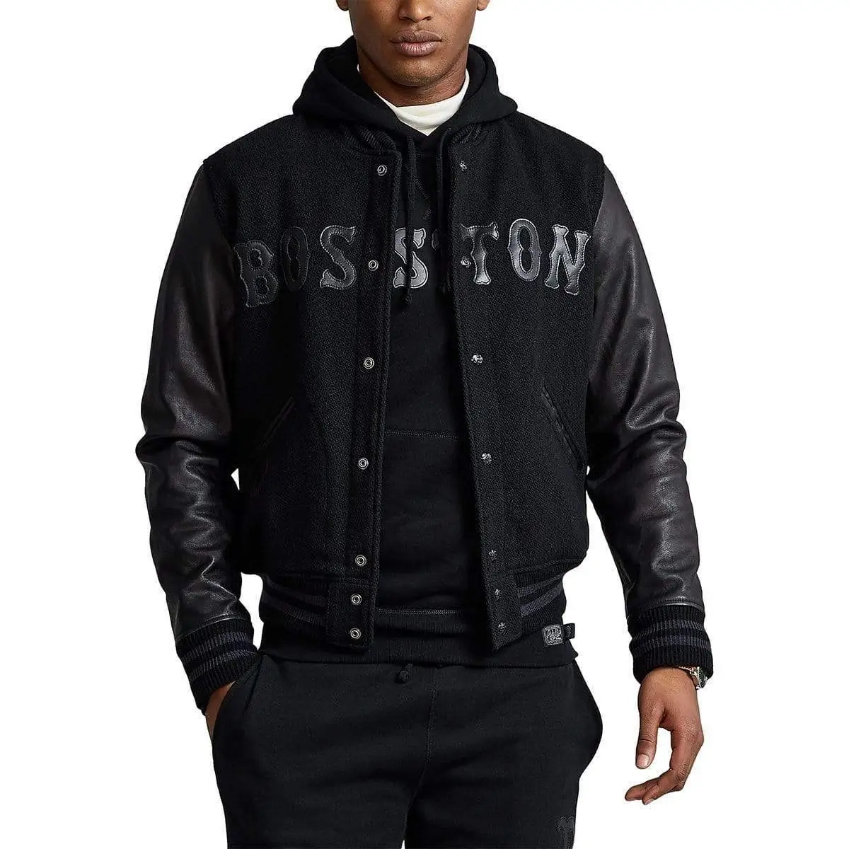 Boston-Red-Sox-Full-Snap-Black-Wool-Blend-Leather-Varsity-Jacket-1-2