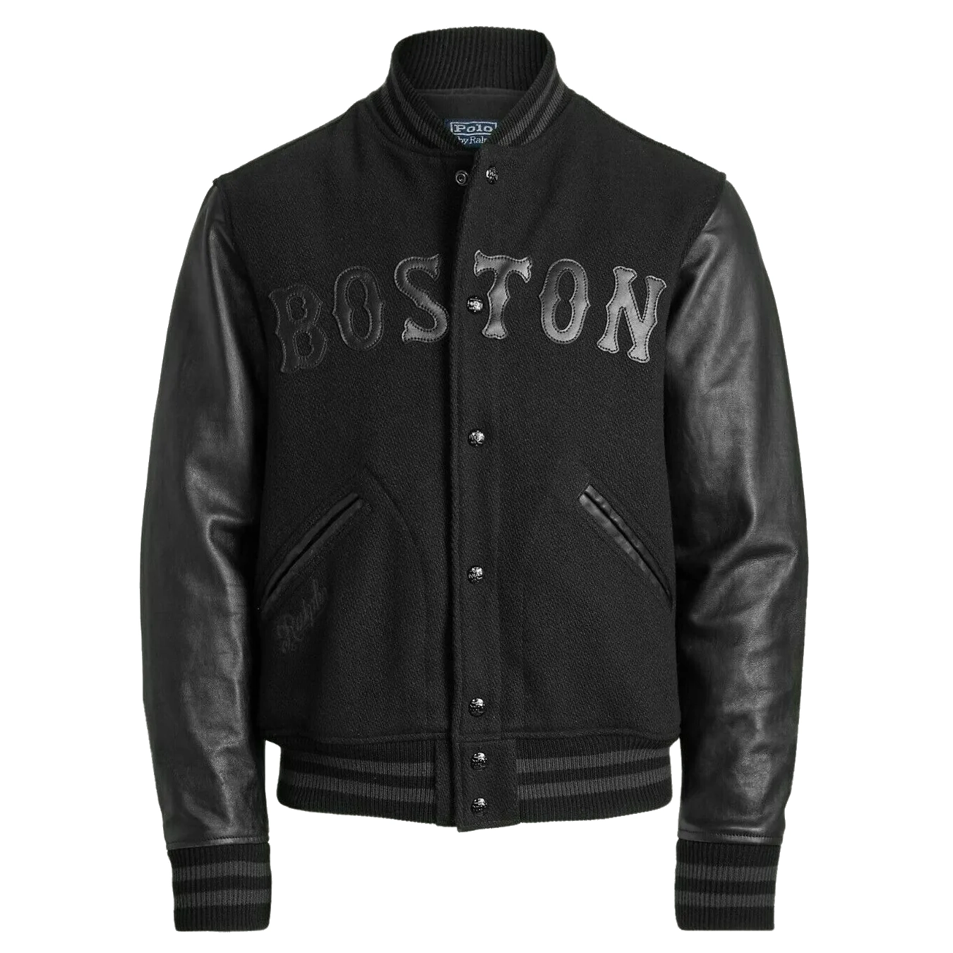 Boston-Red-Sox-Full-Snap-Black-Wool-Blend-Leather-Varsity-jacket-leather moto